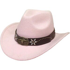 Unisex Pink 100% Polyester Bull Skull Band Classic Fedora Felt Cowboy Hat
